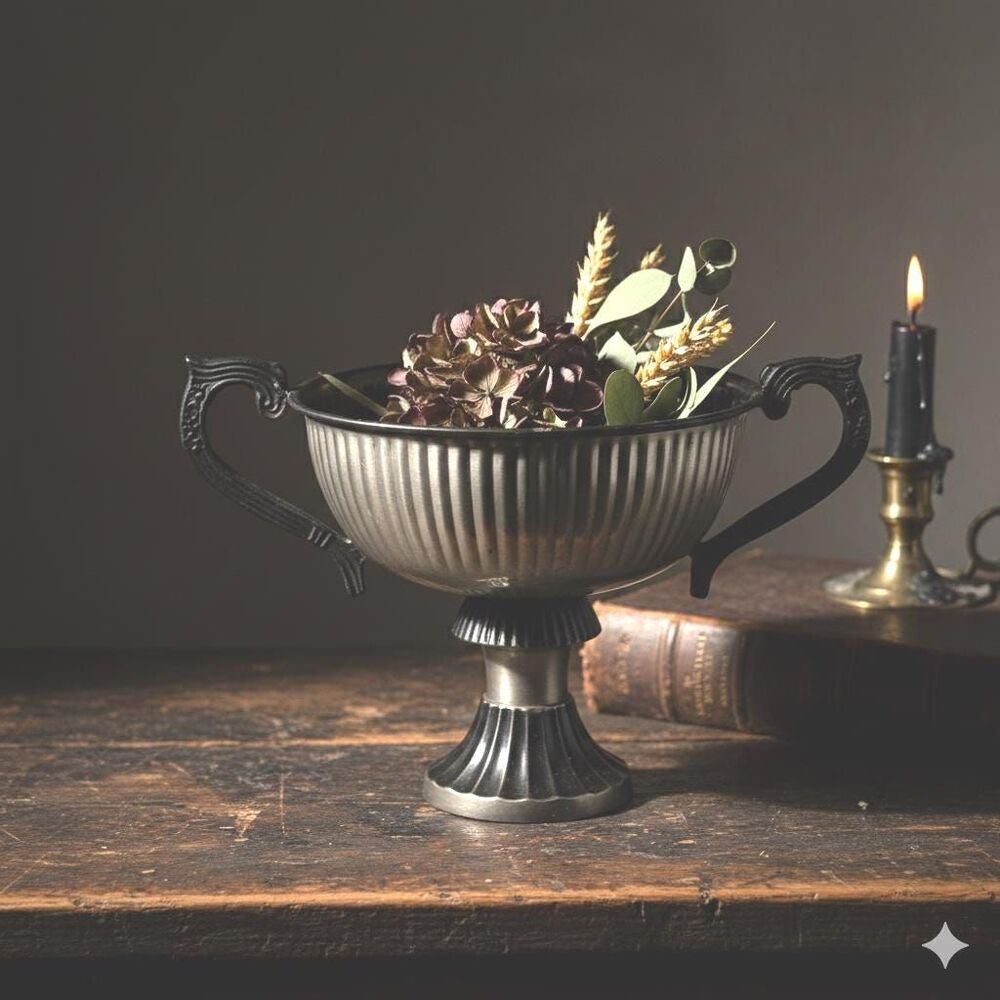 Vintage Cast Metal Trophy Urn – Antiqued Pewter Neoclassical Centerpiece Planter